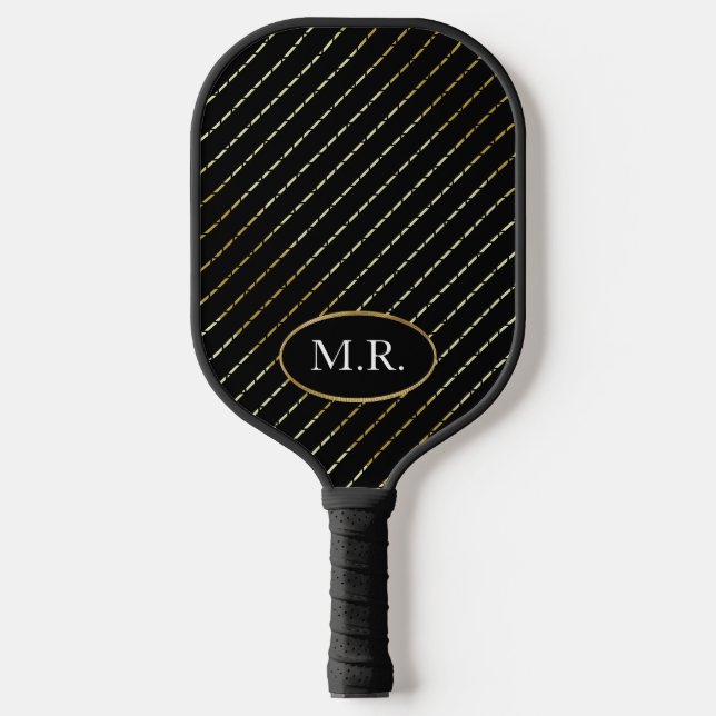 Elegantes geometrisches Gold auf schwarz Personali Pickleball Schläger (Vorderseite)