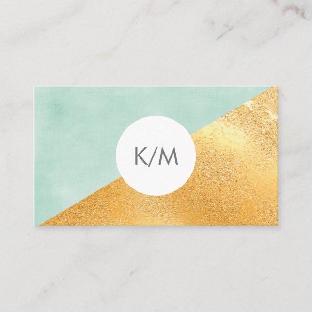 Elegantes geometrisches Mint Green & Gold Monogram Visitenkarte (Vorderseite)