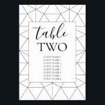 Elegantes geometrisches Muster für Hochzeitgastnam Tischnummer<br><div class="desc">Dieses Design zeichnet sich durch ein elegantes geometrisches Schwarz-Weiß-Muster aus. Der geometrische Muster-Hintergrund bildet den perfekten Hintergrund für die Hochzeitsdetails. Die Kombination aus Schwarz und Weiß schafft einen eleganten, trendigen und eleganten Stil. Elegantes Hochzeitskartendesign mit modernen Tischnummern. Die moderne Gestaltung der Typografie verleiht ihr einen besonderen Stil. Auch die passenden...</div>