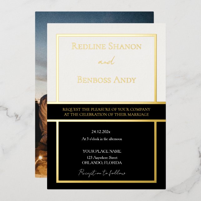 Elegantes gerahmtes Elfenbein- und Schwarz-Design  Folieneinladung (Vorderseite/Rückseite)