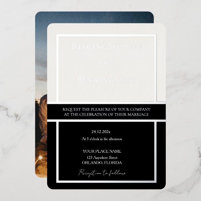 Elegantes gerahmtes Elfenbein- und Schwarz-Design  Folieneinladung (Vorderseite/Rückseite)