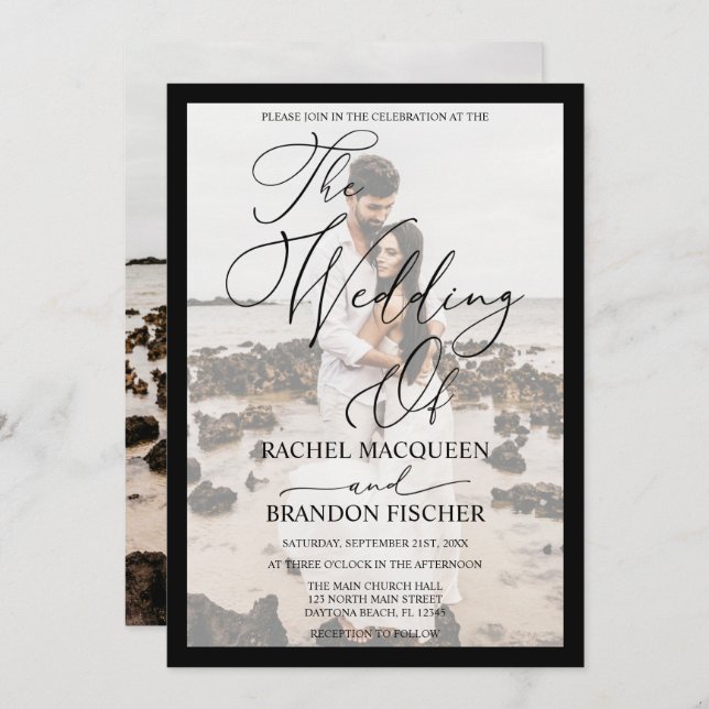 Elegantes Gerahmtes Schwarzes Foto Hochzeit Einladung (Vorne/Hinten)