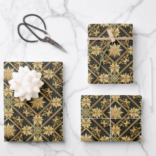 Elegantes gewürfeltes Schwarz-Gold-Muster  Geschenkpapier Set