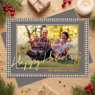 Elegantes Gingham-Goldfolien-Foto zur Weihnachtsze Folien Feiertagskarte