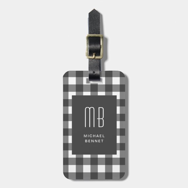 Elegantes Gingham-Monogramm Gepäckanhänger (Vorderseite vertikal)