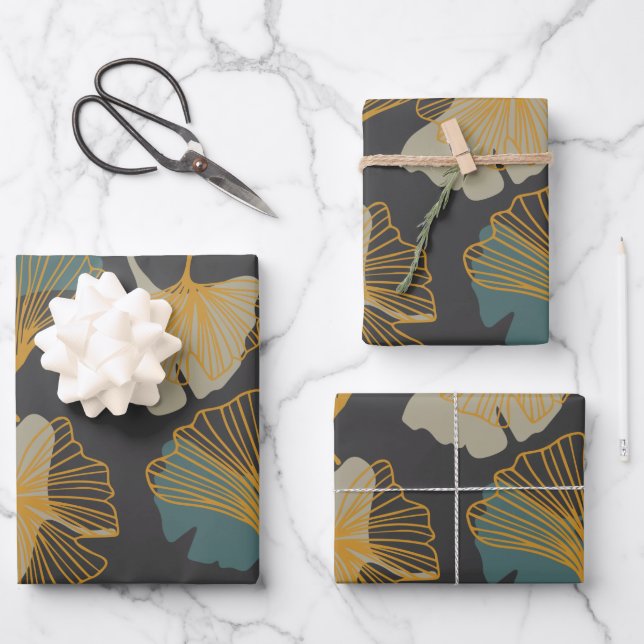 Elegantes Ginkgo-Blätter Muster in Herbstfarbe Geschenkpapier Set (Vorderseite)