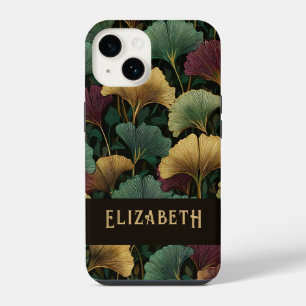 Elegantes Ginkgo-Muster Monogramm Name Juwelentöne iPhone 14 Hülle