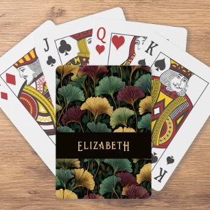 Elegantes Ginkgo-Muster Monogramm Name Juwelentöne Spielkarten