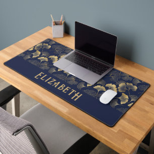 Elegantes Ginkgo-Muster Name Navyblau Gold Schreibtischunterlage