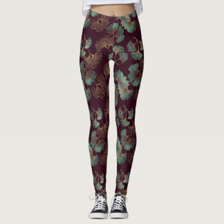 Elegantes Ginkgoblatt in Burgund und Türkis Leggings