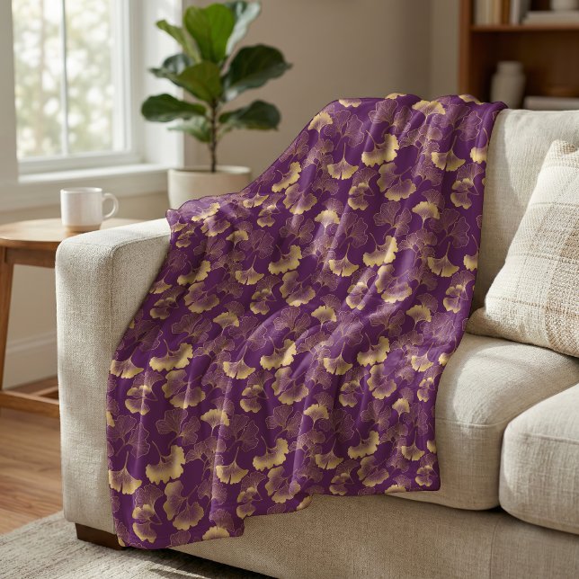 Elegantes Ginkoblattmuster Lila Gold Fleecedecke (Von Creator hochgeladen)