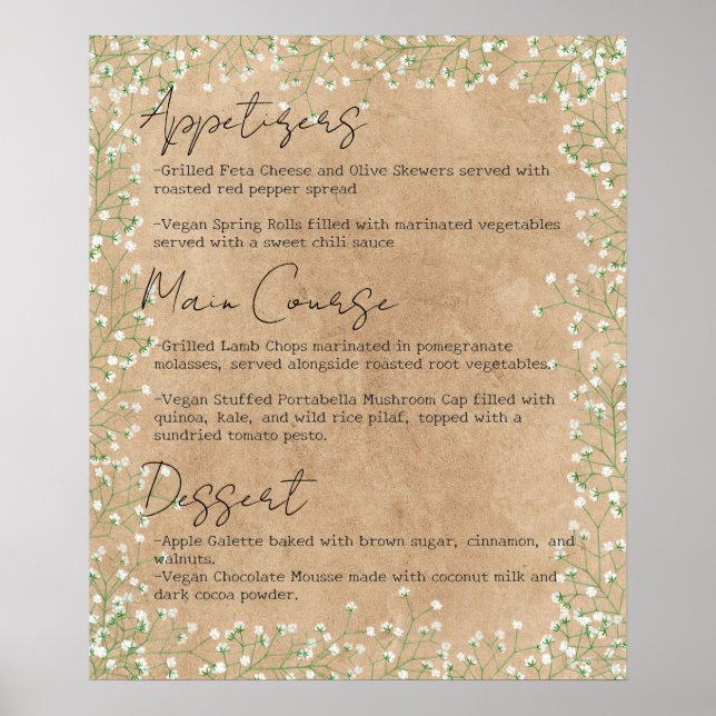 Elegantes Gipskraut Floral Boho Wedding Menu Poster (Vorne)