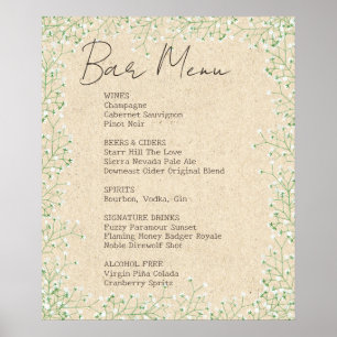 Elegantes Gipskraut Floral Wedding Bar Menu Signat Poster