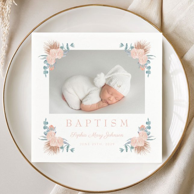 Elegantes Girl Baptism-Foto Serviette (Elegant Floral Girl Baptism Photo Napkins)