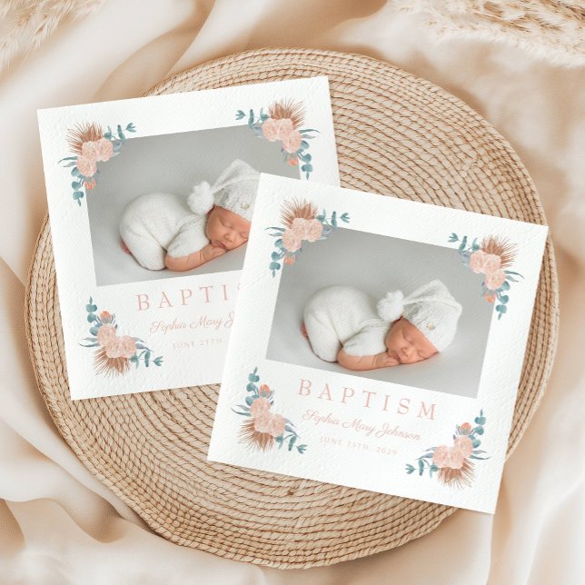 Elegantes Girl Baptism-Foto Serviette (Elegant Floral Girl Baptism Photo Napkins)