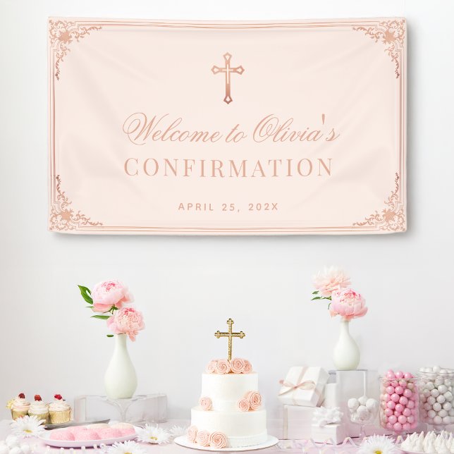 Elegantes Girl Confirmation Rose Gold Cross Banner (Von Creator hochgeladen)