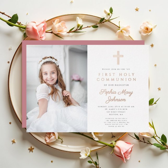 Elegantes Girl Foto Erste Kommune Rose Gold Folieneinladung (Elegant Girl Photo First Communion Rose Gold Foil Invitation)