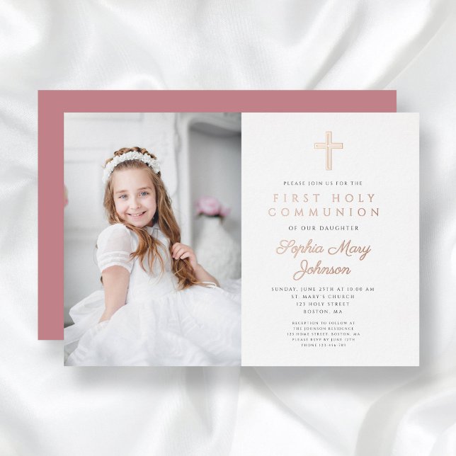 Elegantes Girl Foto Erste Kommune Rose Gold Folieneinladung (Elegant Girl Photo First Communion Rose Gold Foil Invitation)