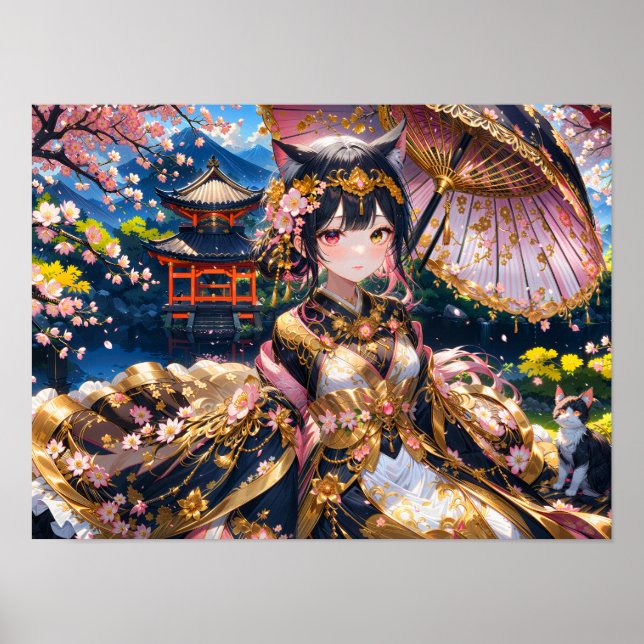 Elegantes Girl im traditionellen Stil mit Sakura B Poster (Vorne)