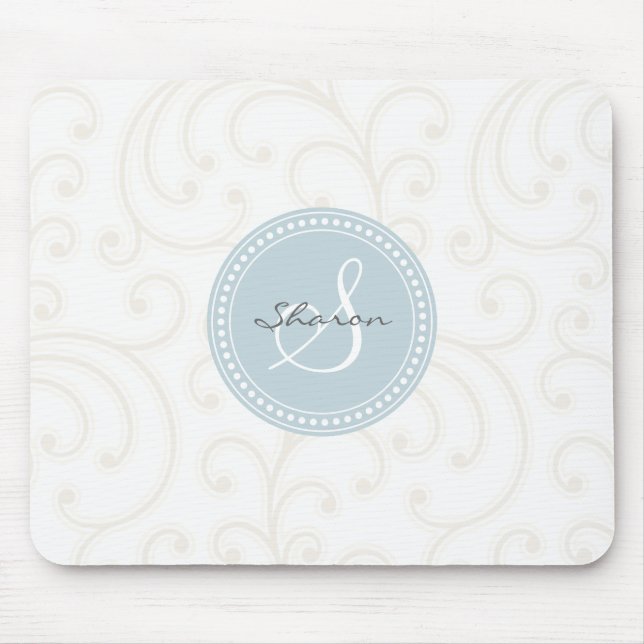 Elegantes girly beige weißes Blumenmustermonogramm Mousepad (Vorne)