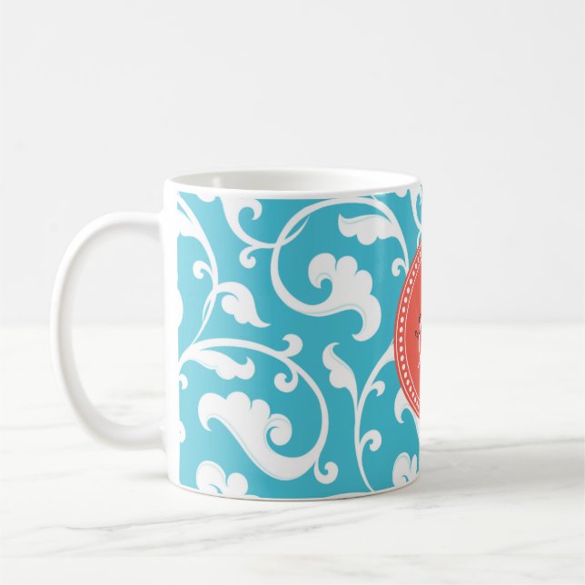 Elegantes girly blaues Blumenmustermonogramm Tasse (Links)