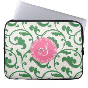 Elegantes girly grünes Blumenmustermonogramm Laptopschutzhülle