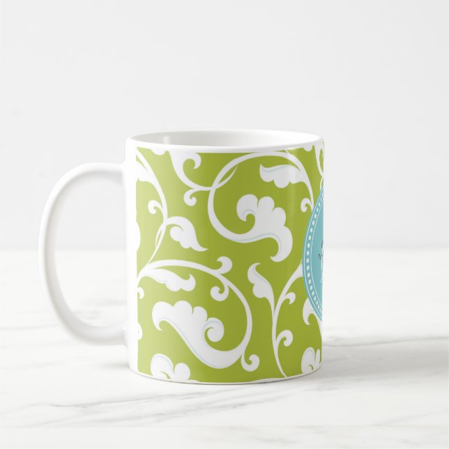 Elegantes girly grünes Blumenmustermonogramm Tasse (Links)