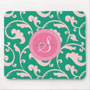 Elegantes girly grünes rosa Blumenmustermonogramm Mousepad