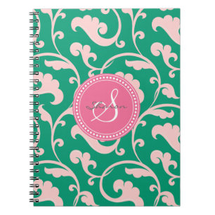 Elegantes girly grünes rosa Blumenmustermonogramm Notizblock