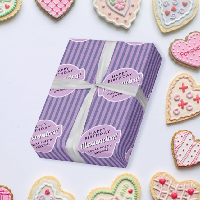 Elegantes Girly Pink Lila Popcorn Streifenmuster Geschenkpapier (Von Creator hochgeladen)