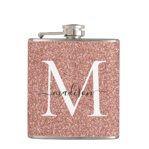 Elegantes, girly Roségold Glitter Funkeln Monogram Flachmann