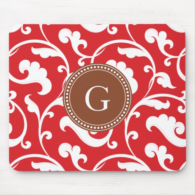 Elegantes girly rotes Blumenmustermonogramm Mousepad (Vorne)