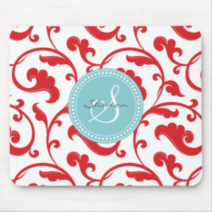 Elegantes girly rotes Blumenmustermonogramm Mousepad
