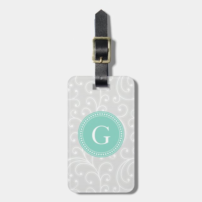 Elegantes girly silbernes Blumenmustermonogramm Gepäckanhänger (Vorderseite vertikal)