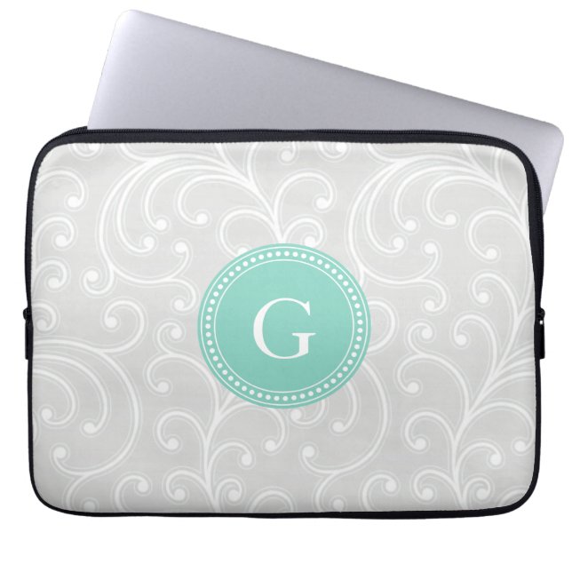 Elegantes girly silbernes Blumenmustermonogramm Laptopschutzhülle (Vorderseite)