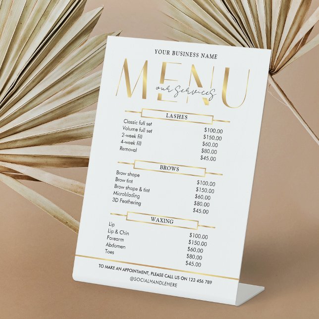 Elegantes Glam Gold Effect Business Price List Men Sockelschild (Elegant faux gold effect business price list menu table top acrylic sign)
