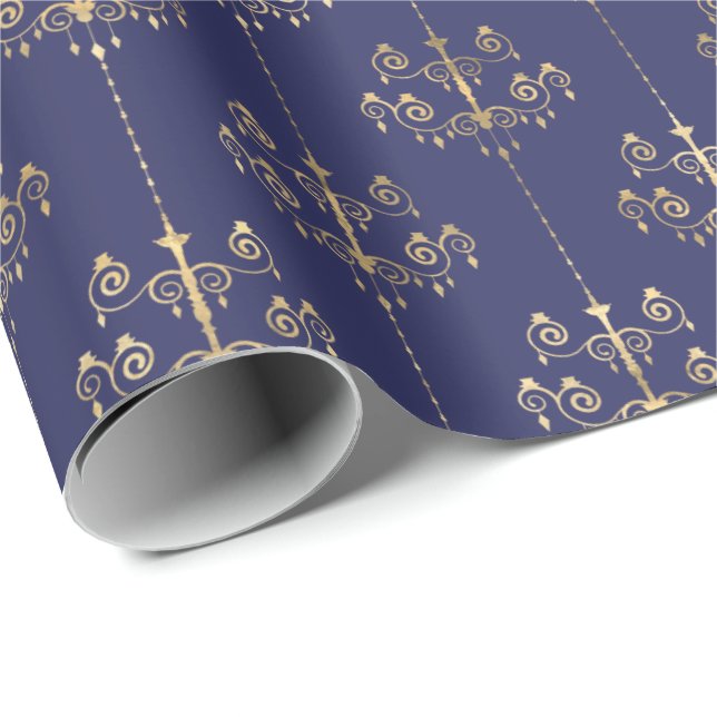 Elegantes Glam Navy Blue Gold Muster Geschenkpapier (Rolleneckpunkt)