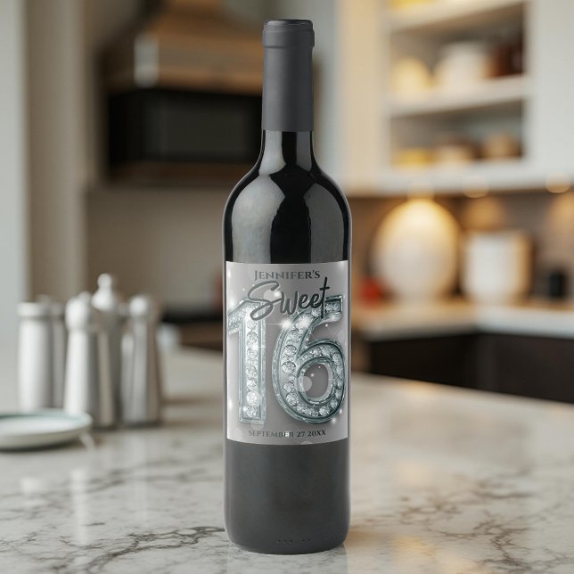 Elegantes glamouröses Silber und Diamant Sweet 16 Weinetikett (Von Creator hochgeladen)