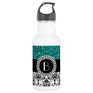 Elegantes Glitter- und Damastmuster mit Monogramm Trinkflasche