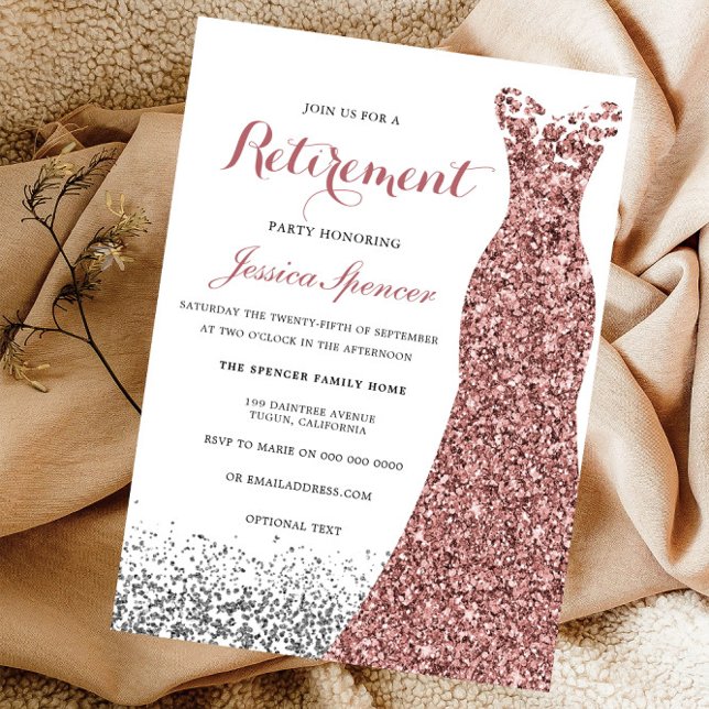 Elegantes Glitzer Rose Gold Dress Retirement Party Einladung (Von Creator hochgeladen)