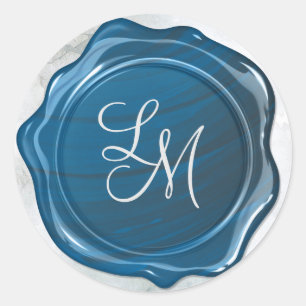 Elegantes Glossy Blue Wax Siegel Monogram Runder Aufkleber