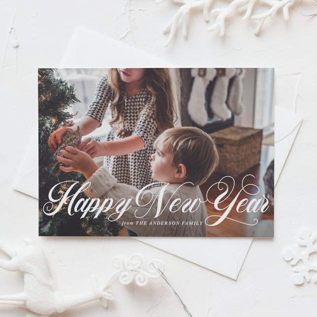 Elegantes glückliches neues Jahr-Foto-flache Karte (White Elegant Script Happy New Year Photo Holiday Card)