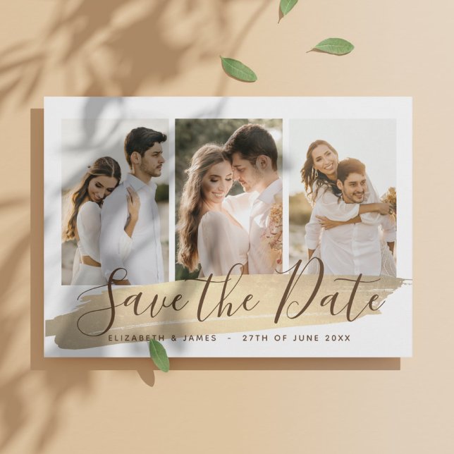 Elegantes Gold 4 Foto Save the Date Hochzeit Einla (4 photo Elegant Save the Date Wedding Invitation - Bohemian, gold
)