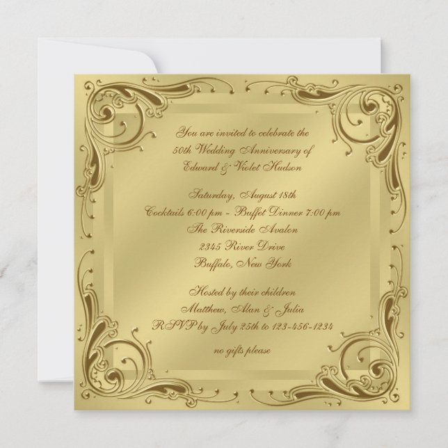Elegantes Gold 50. Hochzeitliches Jubiläum Party Einladung (Vorderseite)
