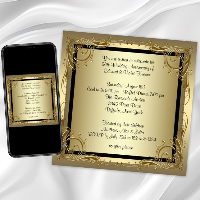 Elegantes Gold 50. Hochzeitliches Jubiläum Party Einladung (Elegant Gold 50th Wedding Anniversary Party Invitation with gold swirl border. Any event or occasion)