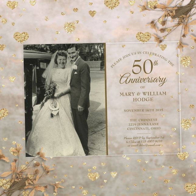 Elegantes Gold 50 Jahre Jubiläum Hochzeitsfest Fot Acryleinladungen (Elegant Gold 50th Anniversary Wedding Photo Acrylic Invitations)