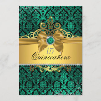 Elegantes Gold Aquamarin Damask Quinceanera Einlad Einladung