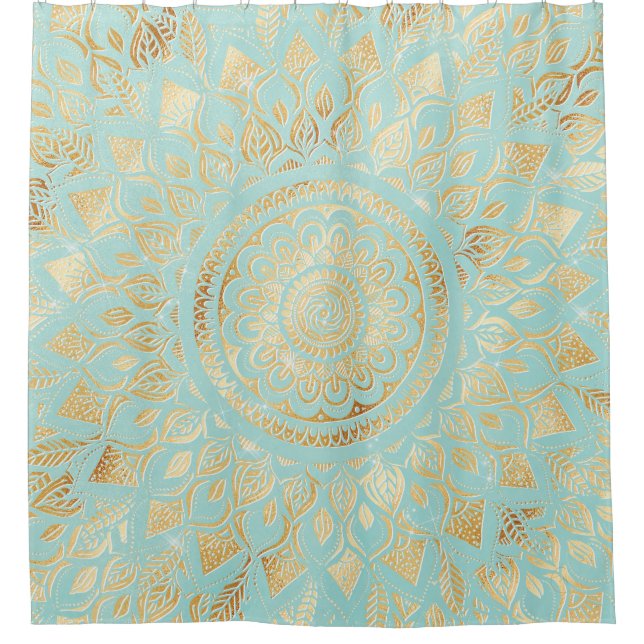 Elegantes Gold Aquamarines Mandala Duschvorhang (Vorderseite)
