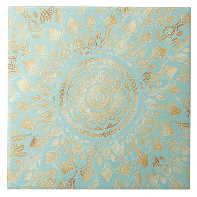 Elegantes Gold Aquamarines Mandala Fliese (Vorderseite)