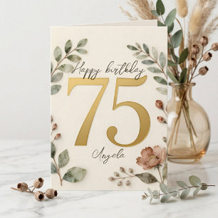 Elegantes Gold-Aquarell-Botanik zum 75. Geburtstag Karte